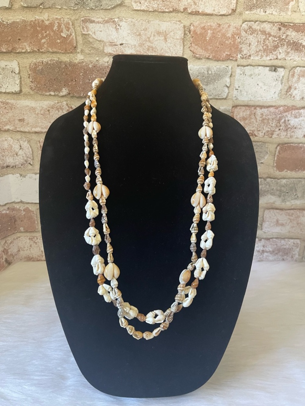 Handcrafted Shell Bead Double Strand Necklace - Natural Cream & Tan